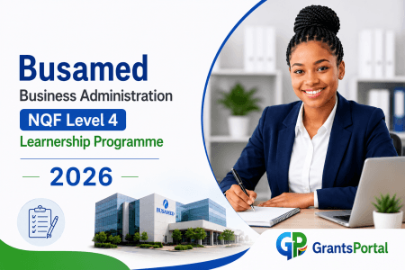 Busamed Business Administration NQF Level 4 Learnership Programme 2026 at Bram Fischer Private Hospital featuring a learner in an office environment.