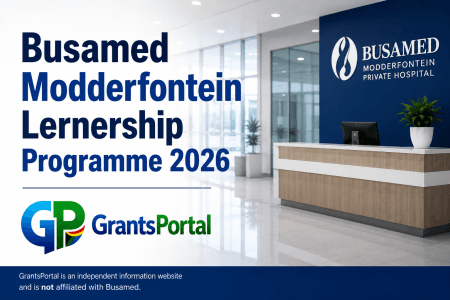 Busamed Modderfontein Learnership Programme 2026 featured image showing a modern hospital reception office with the GrantsPortal logo.