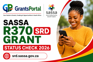 SASSA R370 SRD Grant Status Check 2026 featured image showing the GrantsPortal logo, SASSA logo, a young woman using a smartphone, and the official SRD status check website (srd.sassa.gov.za) on a clean South African-themed design with red, green, yellow, and white colors.
