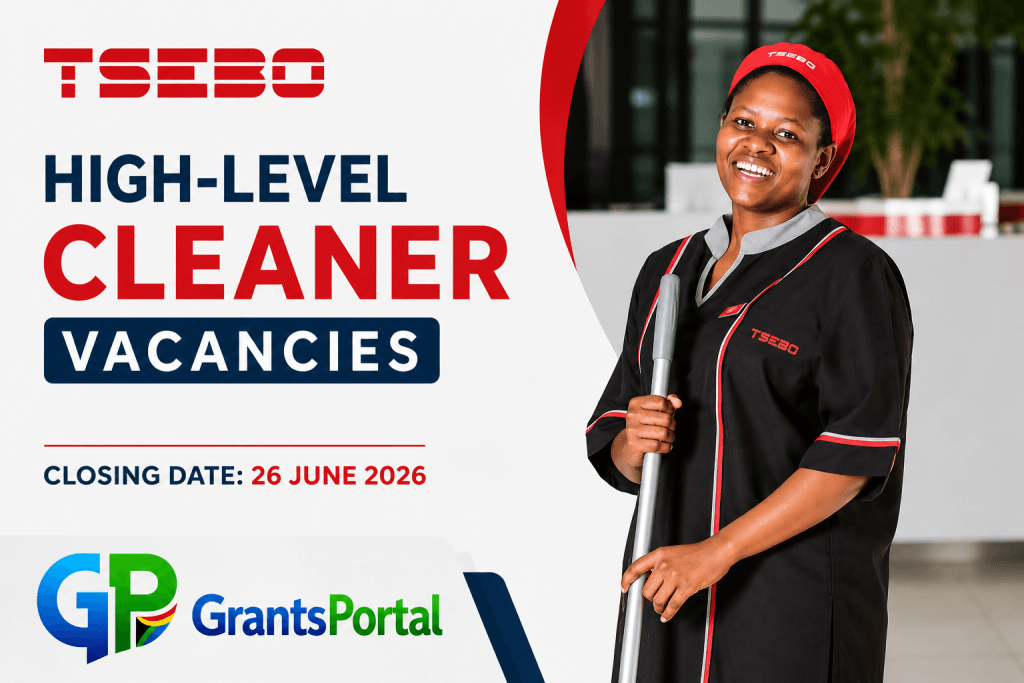 Permanent Cleaning Job Available Through Tsebo Cleaning and Hygiene Solutions Tsebo High-Level Cleaner Vacancies 2026 featured image showing a professional cleaner in a corporate environment.